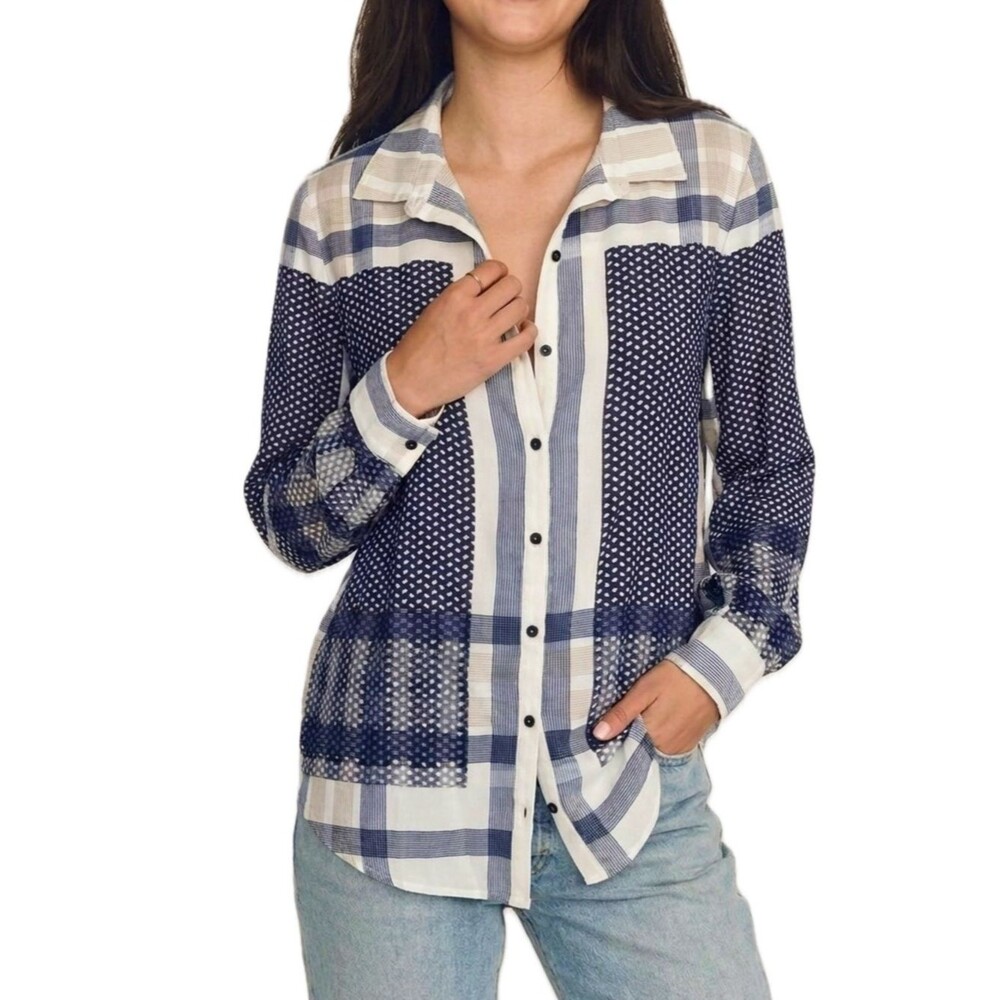 FYLO London Long Sleeve Button Shirt Womens Size Small Sheer Plaid Dot Print